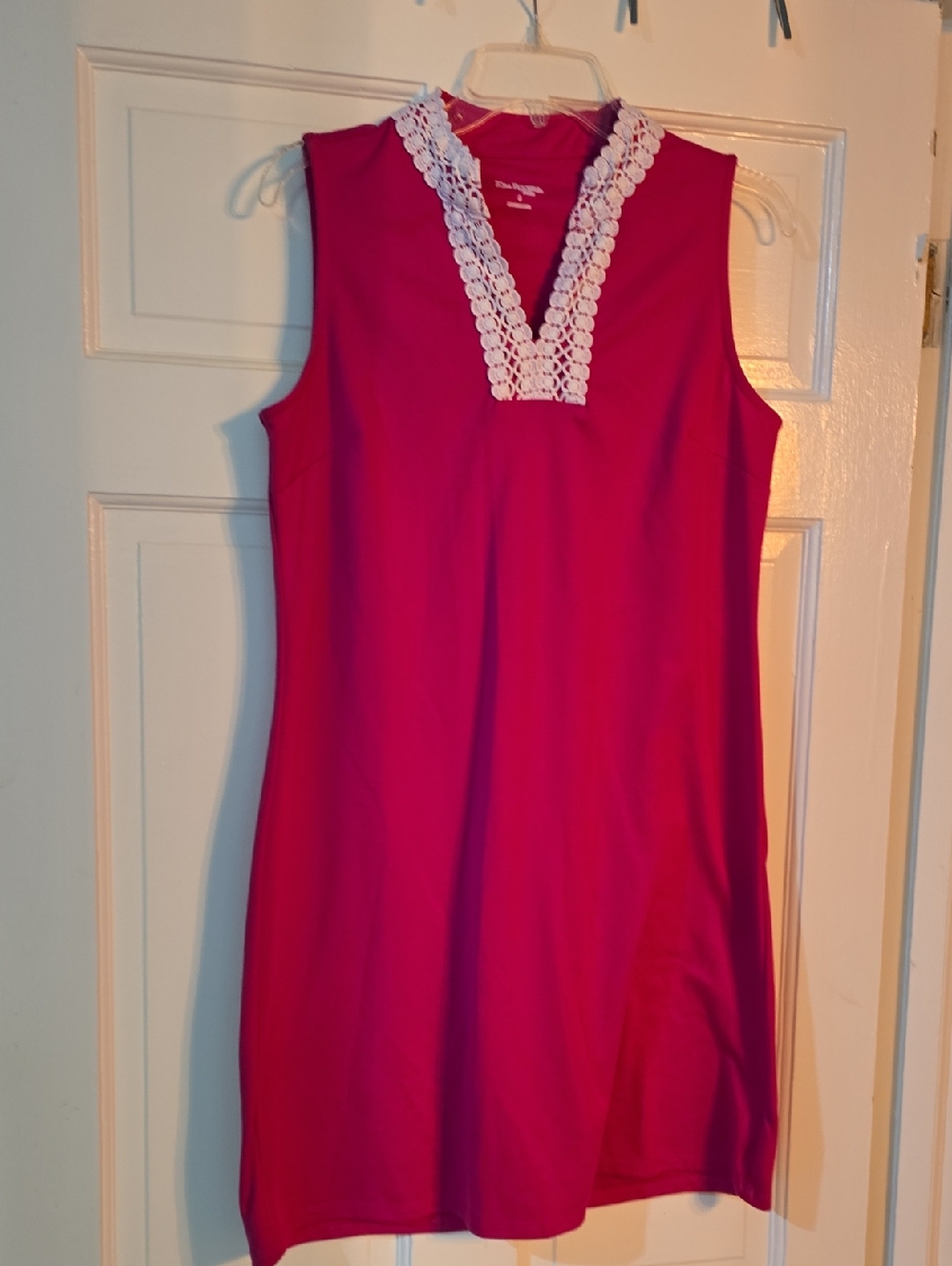 Kim Rogers Fuchsia Sleeveless Shift Dress with White Lace V-Neck